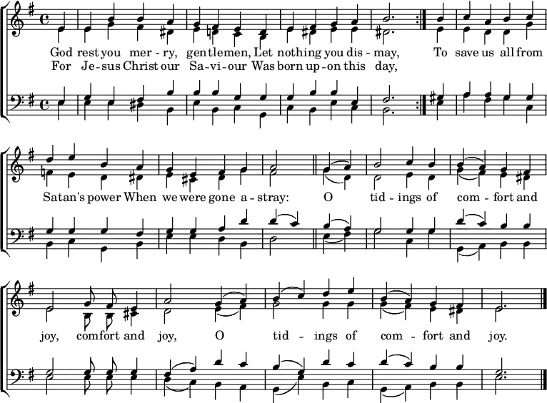 \header { tagline = ##f }
\layout { indent = 0 \context { \Score \remove "Bar_number_engraver" } }
global = {
\key e \minor
\time 4/4
\partial 4
\autoBeamOff
}
soprano = \relative c' { \set Staff.midiInstrument = "brass section"
\global
\repeat volta 2 { e4 | e b' b a | g fis e
d | e fis g a | b2. }
b4 | c a b c | d e b
a | g e fis g a2 \bar "||"
g4 (a) | b2 c4 b | b (a) g fis | e2 g8 fis e4 | a2
g4 (a) | b (c) d e | b (a) g fis | e2. \bar "|."
}
alto = \relative c' {
\global
\repeat volta 2 { e4 | e g fis dis | e d! c
b | e dis e e | dis2. }
e4 | e d d g | f e d
dis | e cis d g | fis2 \bar "||"
g4 (d) | d2 e4 d | g (fis) e dis | e2 b8 b cis4 | d2
e4 (fis) g2 g4 g | g (fis) e dis | e2. \bar "|."
}
tenor = \relative c {
\global
\repeat volta 2 { e4 | g e fis b | b b g
g | g b b e, | fis2. }
gis4 | a a g g | g g g
fis | g g a d | d (c) \bar "||"
b4 (a) | g2 g4 g | d' (c) b b | g2 g8 g g4 | fis (a)
d c | b (g) d' c | d (c) b b | g2. \bar "|."
}
bass = \relative c {
\global
\repeat volta 2 { e4 | e e dis b | e b c
g | c b e c | b2. }
e4 | a fis g c, | b c g
b | e e d b | d2 \bar "||"
e4 (fis) | g2 c,4 g' | g, (a) b b | e2 e8 e e4 | d (c)
b a | g (e') b c | g (a) b b | e2. \bar "|."
}
verse = \lyricmode {
<< { God rest you mer -- ry, gen -- tle -- men,
Let noth -- ing you dis -- may, }
\new Lyrics { For Je -- sus Christ our Sa -- vi -- our
Was born up -- on this day, } >>
To save us all from Sa -- tan's power
When we were gone a -- stray:
O tid -- ings of com -- fort and joy,
com -- fort and joy,
O tid -- ings of com -- fort and joy.
}
\score {
\new ChoirStaff <<
\new Staff
<<
\new Voice = "soprano" { \voiceOne \soprano }
\new Voice = "alto" { \voiceTwo \alto }
>>
\new Lyrics \lyricsto "soprano" \verse
\new Staff
<<
\clef bass
\new Voice = "tenor" { \voiceOne \tenor }
\new Voice = "bass" { \voiceTwo \bass }
>>
>>
\layout { }
}
\score { \unfoldRepeats { << \soprano \\ \alto \\ \tenor \\ \bass >> }
\midi { \tempo 4=160 }
}