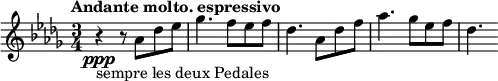 \relative a'' {
\key des \major
\time 3/4
\tempo "Andante molto. espressivo"
\tempo 4 = 48
r4\ppp_"sempre les deux Pedales" r8 aes, des ees
ges4. f8 ees f
des4. aes8 des f
aes4. ges8 ees f
des4.
}