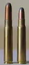 9×57mm Mauser cartridge next to a sporting 7.92×57mm Mauser cartridge, its parent case.