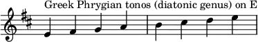 {
\key e \dorian
\override Score.TimeSignature #'stencil = ##f
\relative c' {
\clef treble \time 4/4
e4^\markup { Greek Phrygian tonos (diatonic genus) on E } fis g a b cis d e
} }