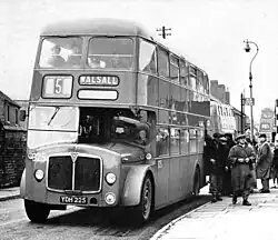 First pre-serial AEC Bridgemaster, registration YDH225, chassis number MB3RA001, bodywork by Crossley with H41/31R layout, entered into service with Walsall in Nov. 1956.[7][6]