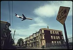 An American Airlines airplane approaching Logan International Airport in 1973