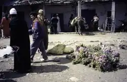 A market with useful plants. Bundles of plants with pink flowers, May 1997