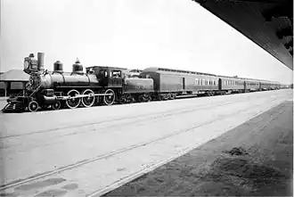 Santa Fe California Limited in Los Angeles, California with engine No. 53 at the LA's La Grande Station c. 1899