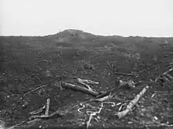 A black and white photograph of a mound