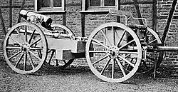 A 15 cm mortar attached to a caisson for transport.