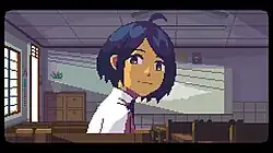 Screenshot of the game featuring Raya, a short-haired high school student, sitting on a classroom chair, facing sideways, and looking toward the player.