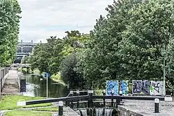 A view along the Royal Canal from Newcomen Bridge with Croke Park in the distance