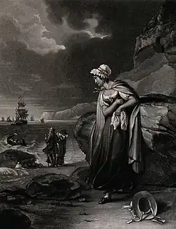 A young woman watching from a beach while a rowing boat carr. after Henry Corbould.