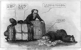 An 1839 satirical cartoon about the congressional gag rule. Depicts John Quincy Adams prostrate, lying on top of a pile of papers including antislavery petitions, a copy of the newspaper The Emancipator, and a resolution to recognize Haiti as a nation. Standing over Adams is Waddy Thompson Jr., a southern Whig who defended slavery. Next to Thompson are two caricatures of enslaved Black Americans. Speech bubbles are drawn to give the characters dialogue. Adams says, "I cannot stand Thomson's [sic] frown." Thompson says, "Sir the South loses caste whenever she suffers this subject to be discussed here; it must be indignantly frowned down."
