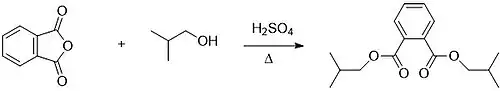 Acid catalyzed reaction scheme of isobutanol and phthalic anhydride to form diisobutyl phthalate