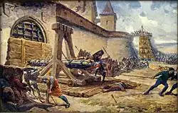 Campers conquer Prachatice, unknown year (likely part of a series on the Hussite Wars)