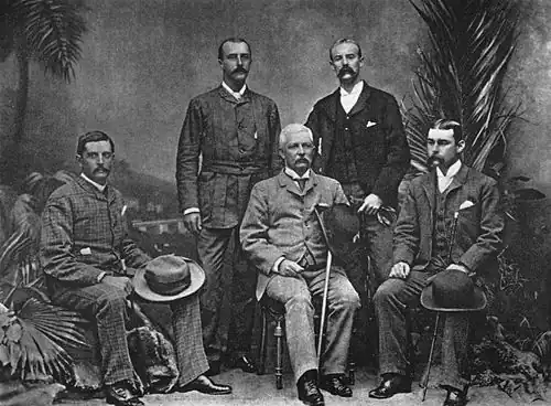Henry M. Stanley with the officers of the Advance Column, Cairo, 1890. From the left: Dr. Thomas Heazle Parke, Robert H. Nelson, Henry M. Stanley, William G. Stairs, and Arthur J. M. Jephson