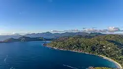 Aerial of Anse Takamaka beach, Mahe