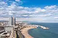Aerial view of Somorrostro Beach and Port Olympic in Barcelona, Spain
