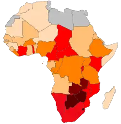 Map of Africa colored according to the percentage of the adult (ages 15–49) population with HIV/AIDS (Map of 2002).[49]