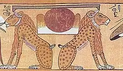 The hieroglyph akhet of the horizon guarded by the twin lions of Aker