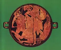 Achilles killing Penthesilea, tondo of an Attic red-figure kylix, c. 465 BCE, from Vulci