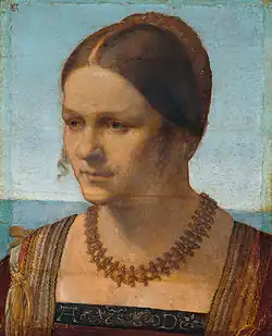 Portrait of a Young Venetian Woman, 1506, oil on poplar, 28.5&nbsp;×&nbsp;21.5&nbsp;cm, Gemäldegalerie, Berlin (557G). The abstract background suggests the sea.