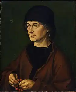 Albrecht Dürer the Elder with a Rosary, 1490, oil on panel, 47.5&nbsp;×&nbsp;39.5&nbsp;cm, Uffizi, Florence