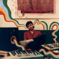 A man sitting in front of several keyboards and next to a speaker that has drawn waves of sound coming out of it that go through one of his ears and out the other.