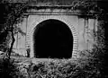 View of the abandoned tunnel, ca. 1911. A man stands to the left for a height comparison.