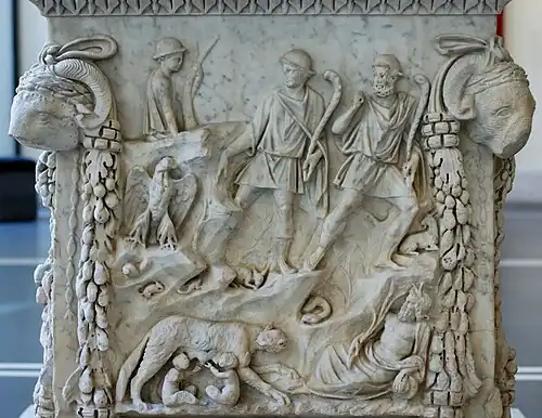 Image 28Romulus and Remus, the Lupercal, Father Tiber, and the Palatine on a relief from a pedestal dating to the reign of Trajan (AD 98–117) (from Culture of Italy)