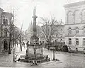 Spire of the old Stadthalle Osnabrück, behind the Straßenburger Platz war memorial (regional court to the right).