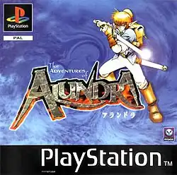 The word "Alundra" appears in the center of the cover art, with a blue swirl design in the background. An anime-style male elf wields a sword in a defensive stance next to the words.