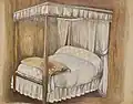 A 1936 artwork of a valanced double-bed