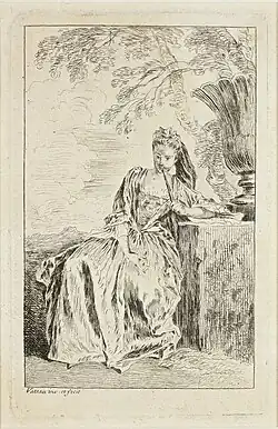 Watteau, Seated Woman, Leaning on a Pedestal,  1709–1710, etching, plate from Figures de mode, Art Institute, Chicago