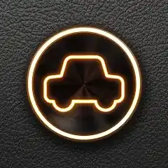 A circle with a neon outline containing the shape of a car with a similar neon outline.