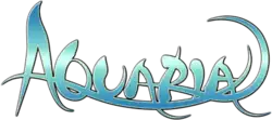 The word AQUARIA, written in a curved, flowing font is overlaid on a black background. The word itself fades vertically from blue to white and back to blue.