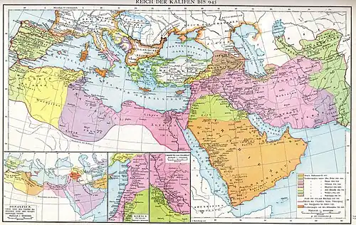 A map of northern Africa, southern Europe and western and central Asia with different color shades denoting the stages of expansion of the caliphate