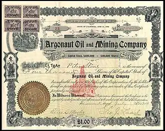 Stock certificate, 1900, franked with Revenue tax stamps (upper left)