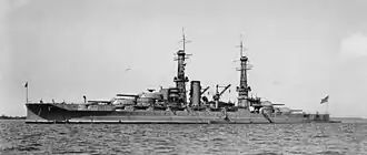 Hyperboloid mast towers were on the USS&nbsp;Arizona, underway circa 1917–1929, prior to refitting in 1929.