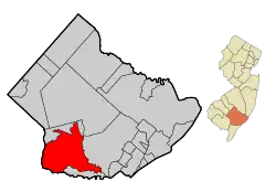 Location of Estell Manor in Atlantic County highlighted in red (left). Inset map: Location of Atlantic County in New Jersey highlighted in orange (right).