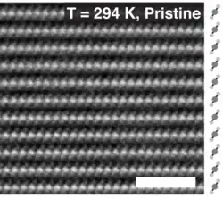 Atomic resolution image of 1T-TaS2 (298 K). Acquired using HAADF STEM. Scale bar 2nm.[10]