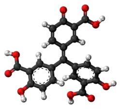 Ball-and-stick model of the aurintricarboxylic acid molecule