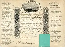 Founder's stock certificate of the Australian Agricultural Company for 5 shares of £100 each, issued 14 June 1825, printed on parchment
