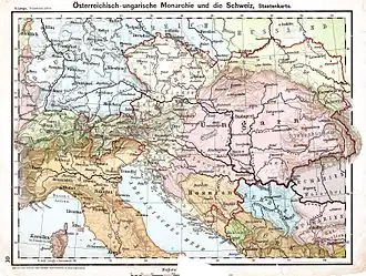 A map showing Austria-Hungary, northern Italy, and the northern Adriatic Sea. The internal divisions of Austria and Hungary are shown as well.