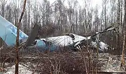 aircraft wreckage, with fuselage broken in two, in midst of trees in wintermissing=