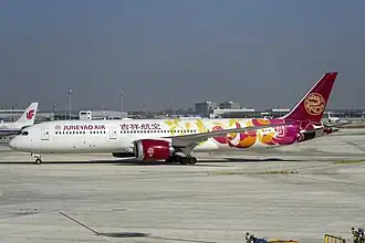 A Boeing 787-9 of Juneyao Air painted in a special Colorful Floral livery