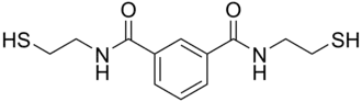Central benzene ring, with two identical strings of CNCCCS attached to non-adjacent carbon atoms in the ring: the first "C" in each string is double-bonded to an O.
