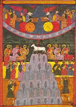 Facundus Beatus, page 410: Adoration of the Mystical Lamb on Mount Zion: A lamb stood on the Mount Zion and to one-hundred-forty-four thousand, having cytharas