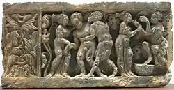 Bacchanalian scene, representing the harvest of wine grapes, Greco-Buddhist art of Gandhara, 1st-2nd century CE.