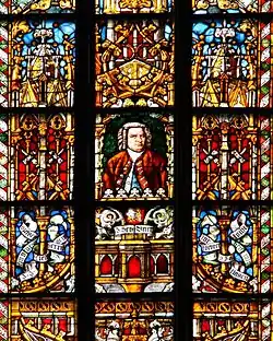 Stained-glass Bach church window (detail)