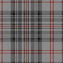 A tartan that is predominantly two-tone grey with thin black and red stripes