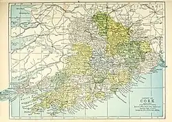 Barony map of County Cork, 1900; Ibane and Barryroe barony is in the middle of the south coast, coloured yellow.