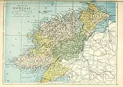 Barony map of County Donegal, 1900; Banagh is in the southwest, coloured peach.